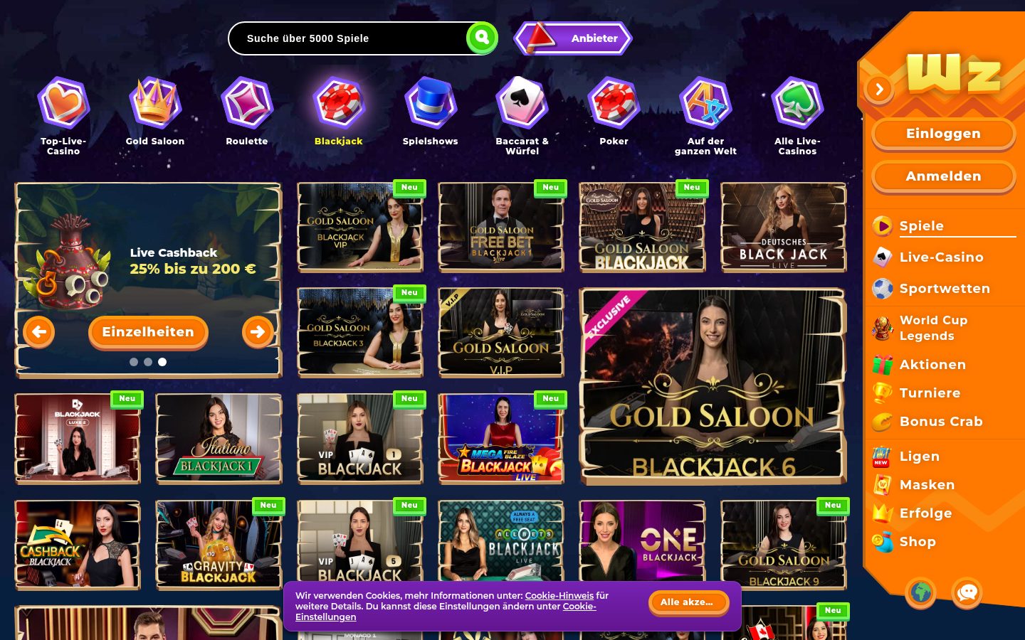 Blackjack-Auswahl bei Wazamba — Screenshot