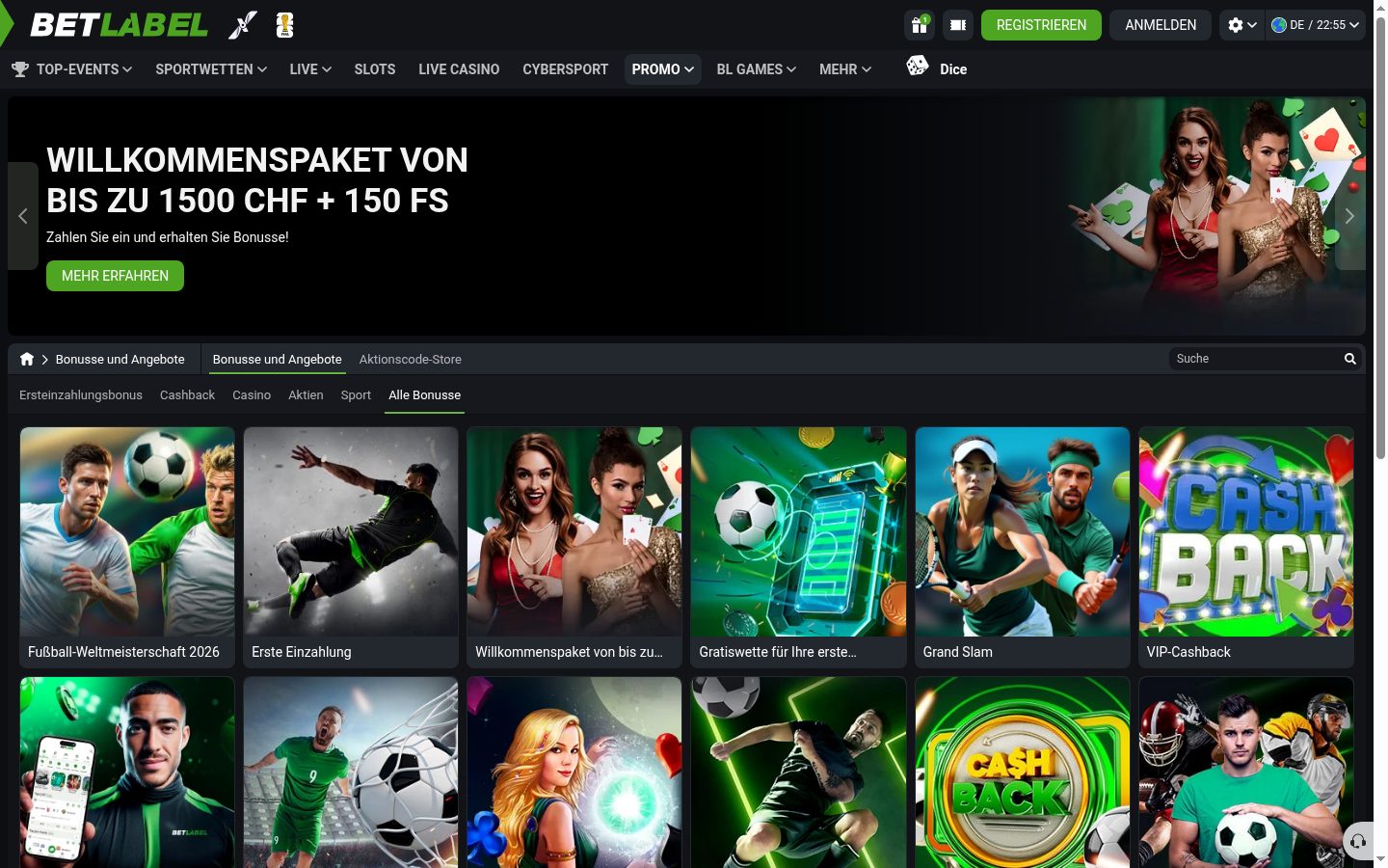 Aktionen-Übersicht bei Betlabel — Screenshot