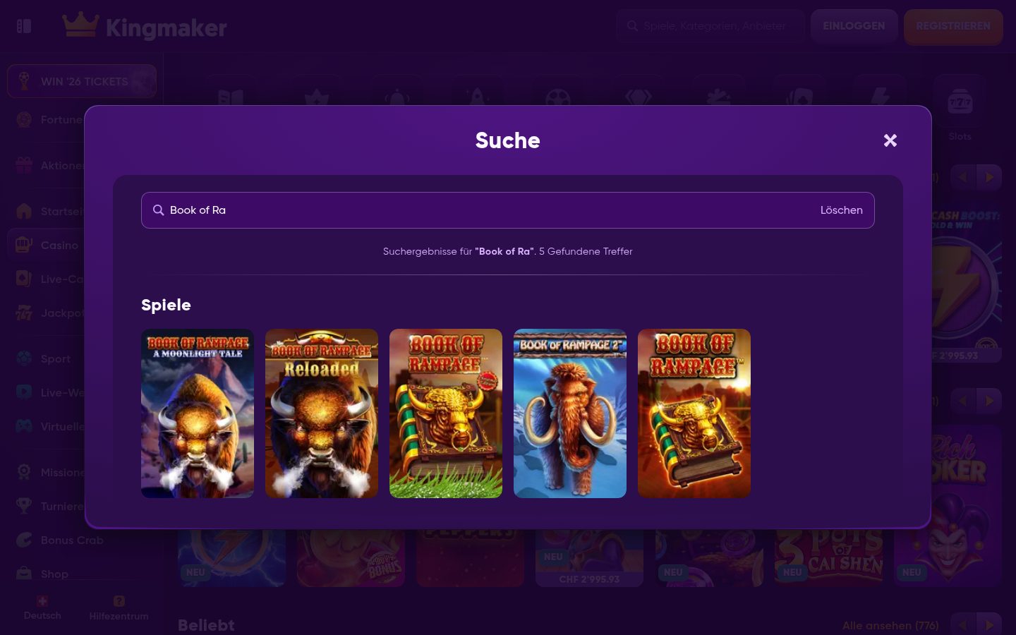 Book-of-Ra-Suche bei Kingmaker — Screenshot