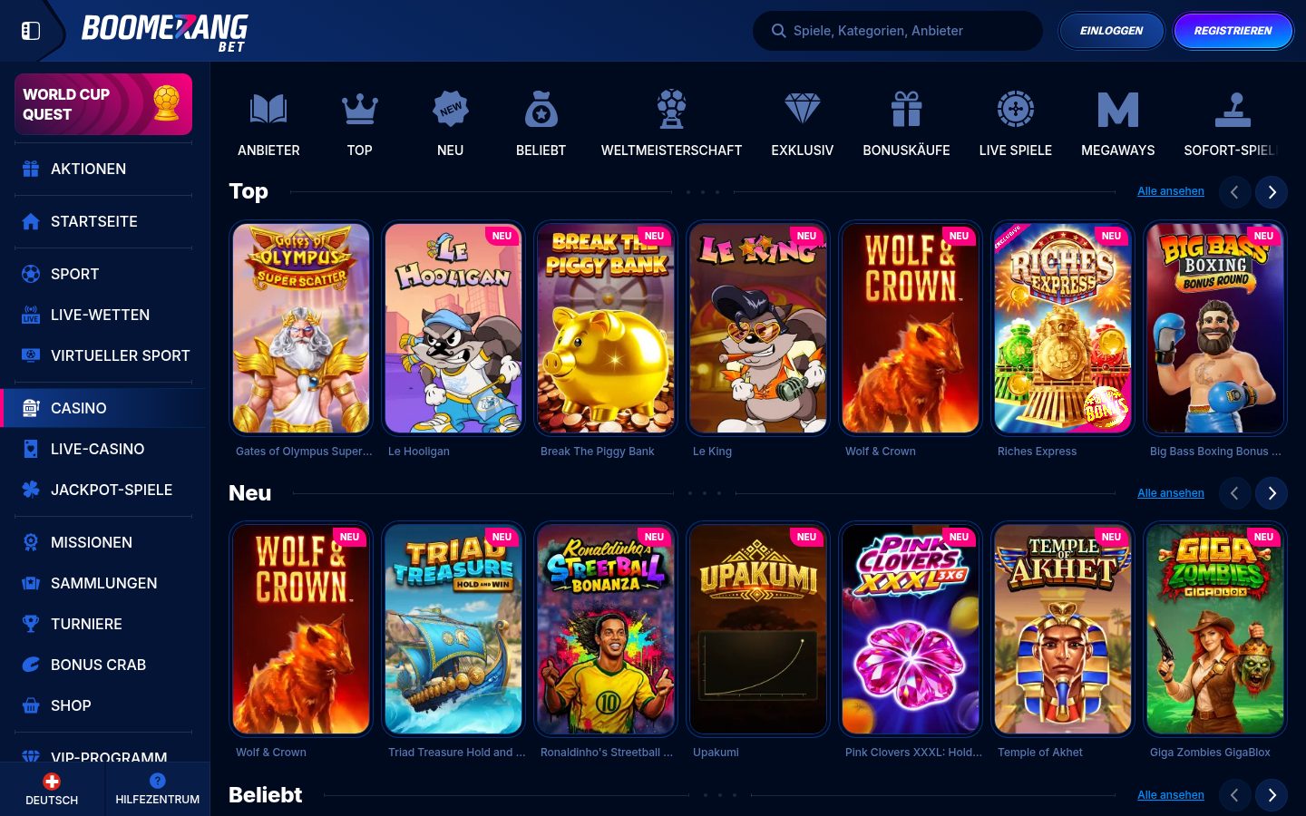 Boomerang Bet Startseite (Schweiz/DE) — Screenshot