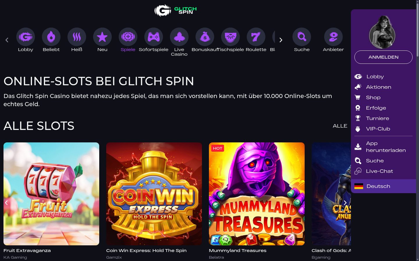 Glitch Spin Spiele-Lobby (Schweiz/DE) — Screenshot
