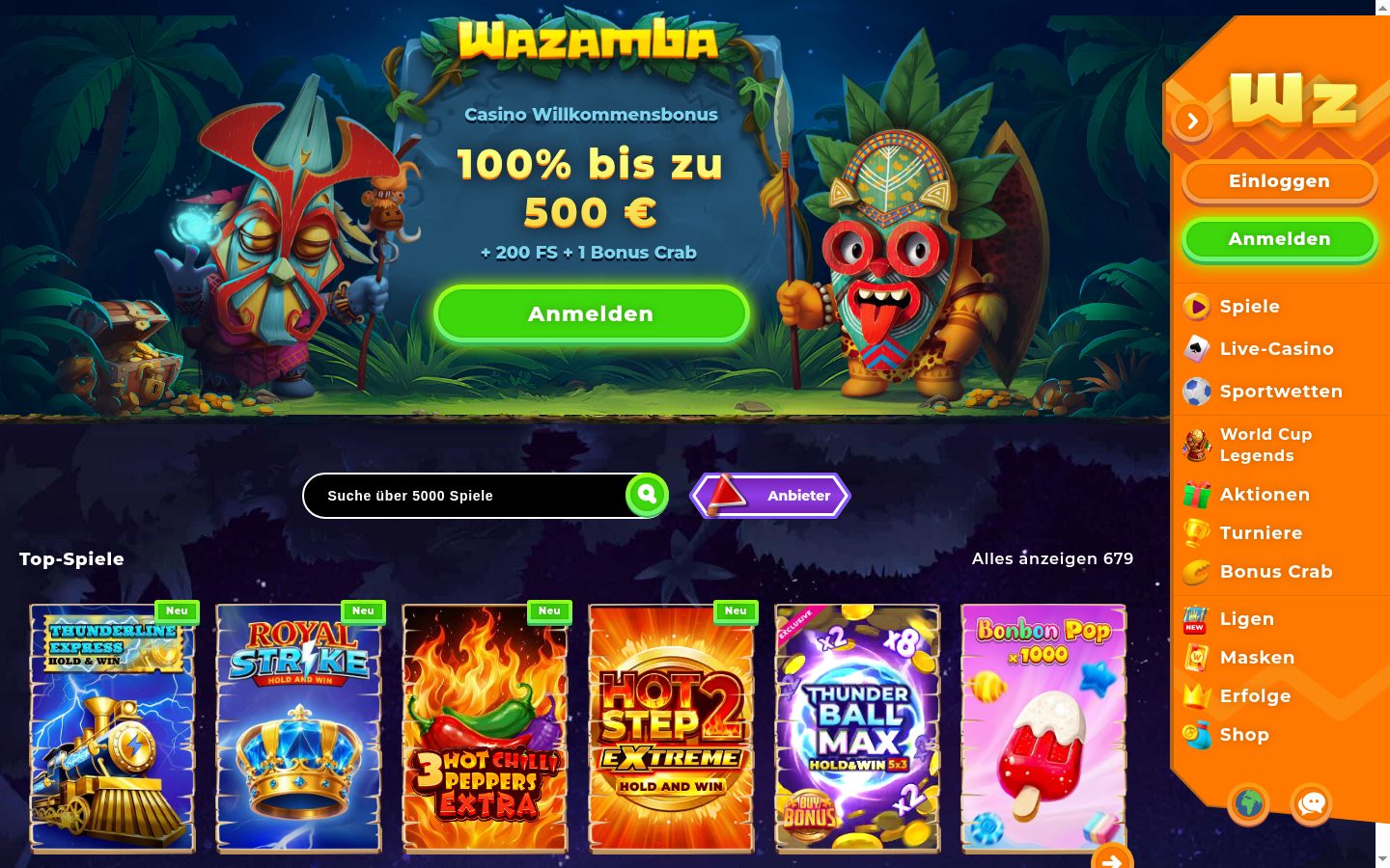 Wazamba Startseite (Schweiz/DE) — Screenshot