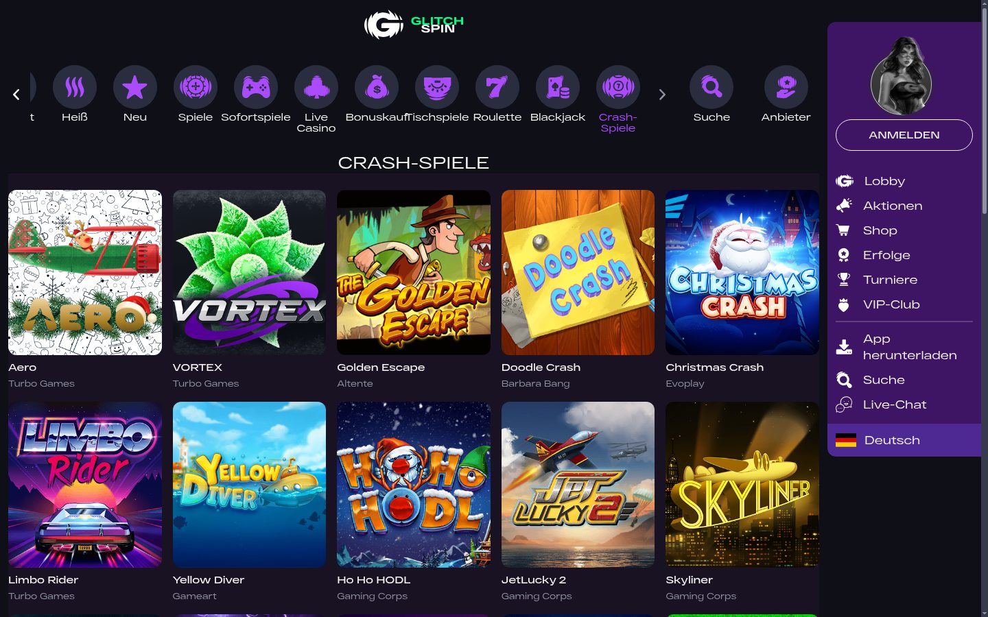 Crash-Spiele bei Glitch Spin — Screenshot