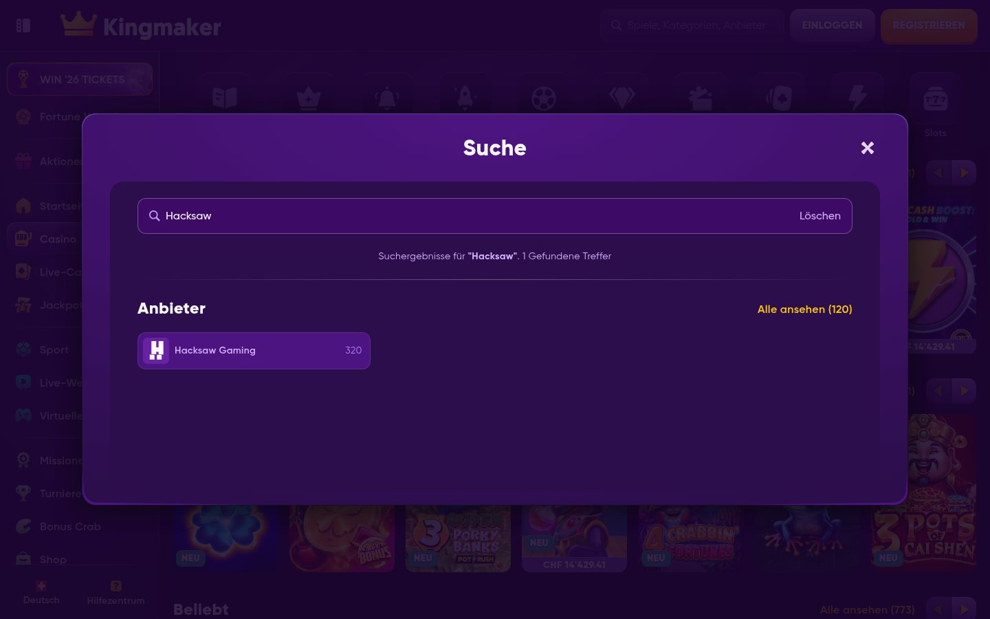 Hacksaw-Gaming-Spiele bei Kingmaker — Screenshot