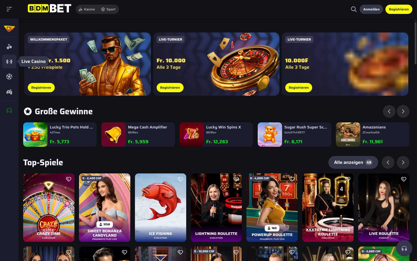 Live-Casino-Bereich bei BDMBet — Screenshot