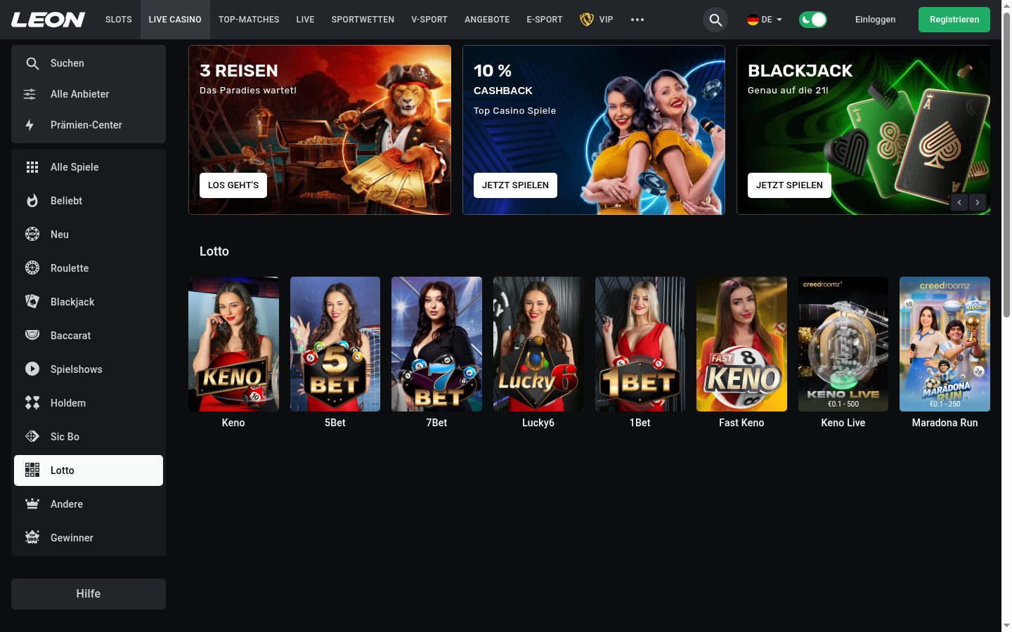 Lottery-Spiele bei Leon — Screenshot