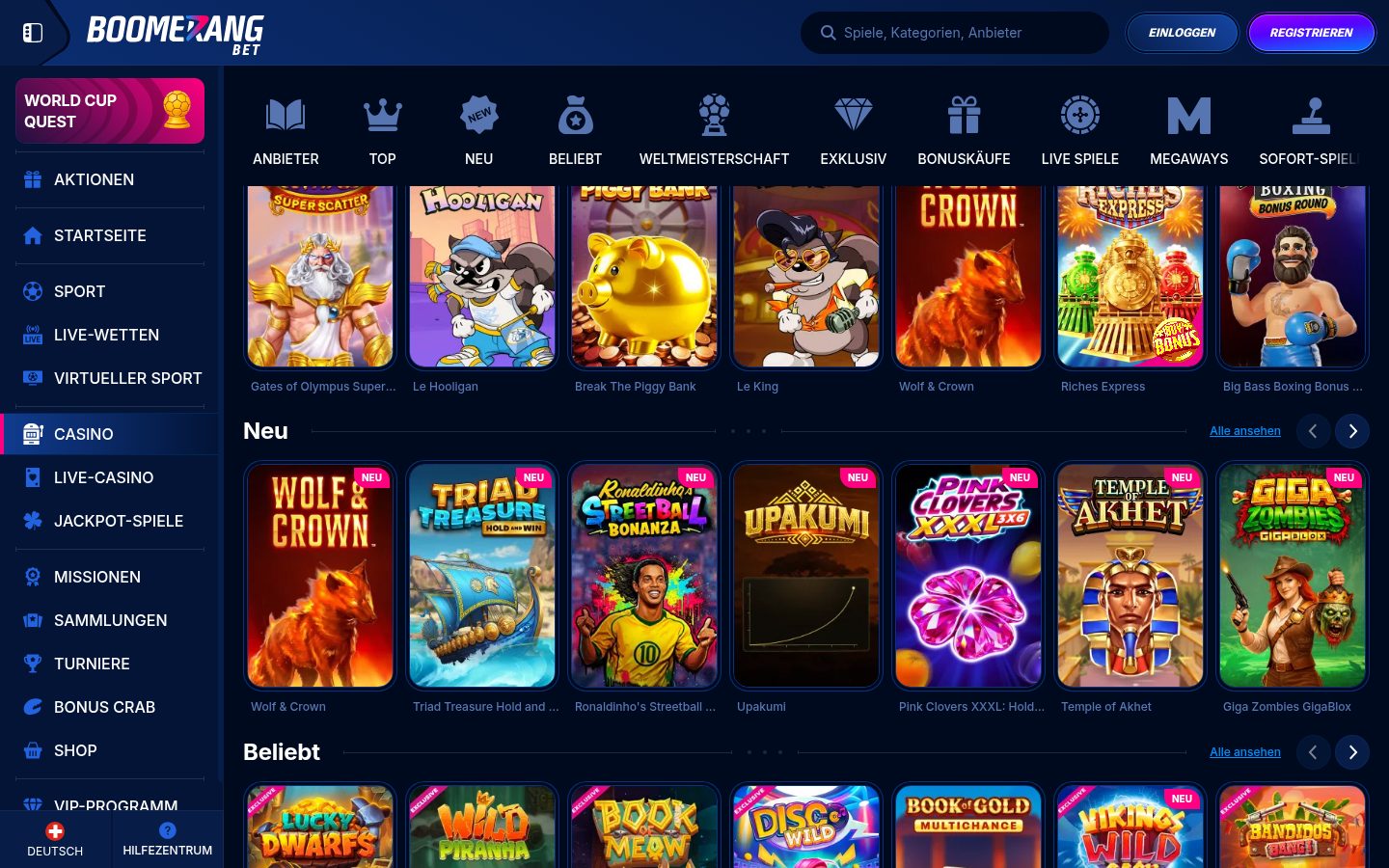 Spiele-Lobby bei Boomerang Bet — Screenshot