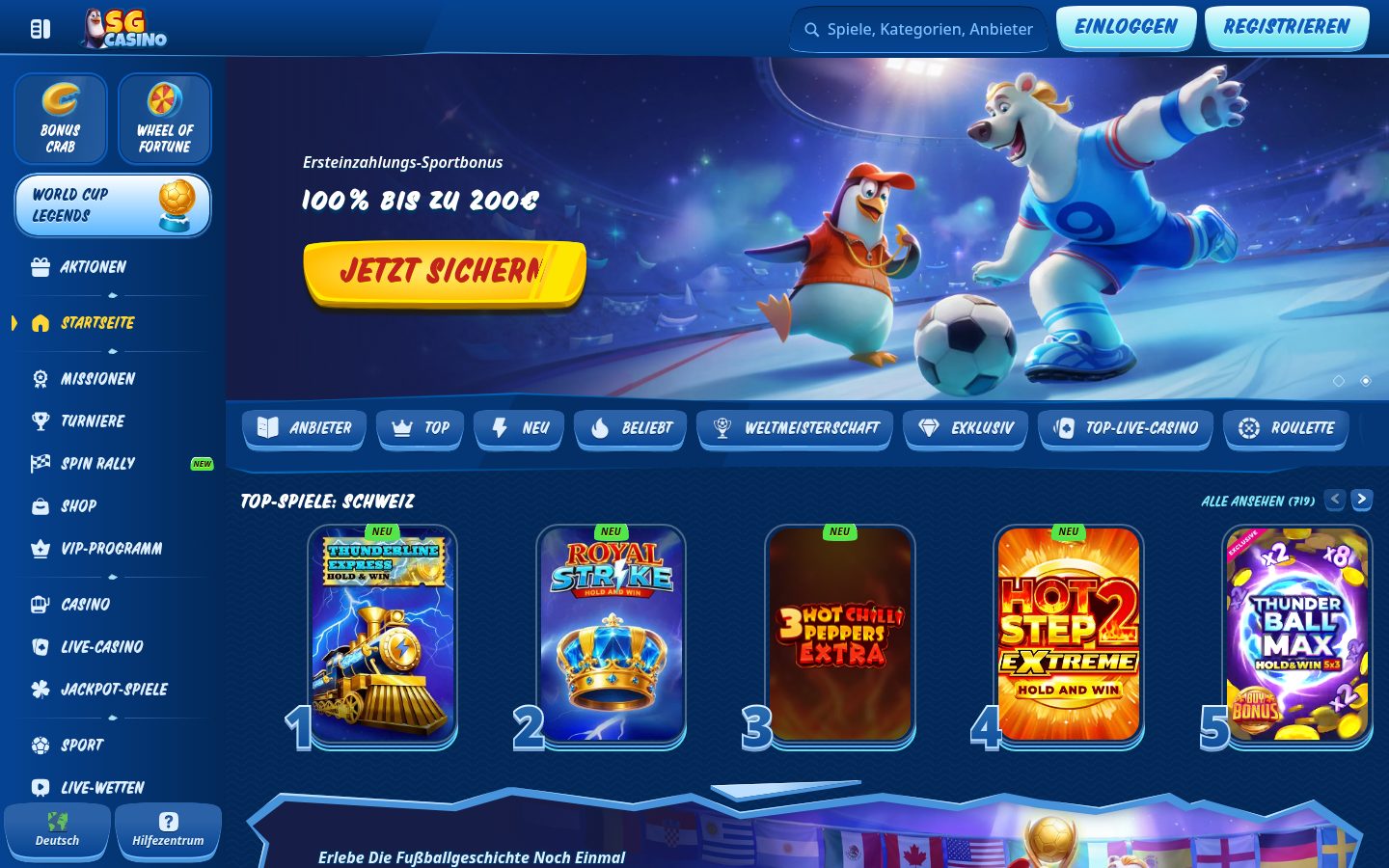Startseite bei SG Casino — Screenshot