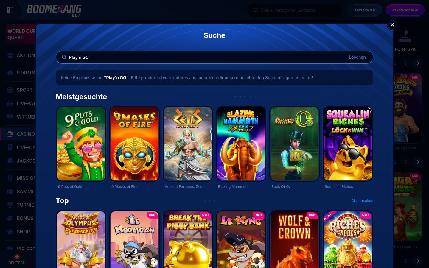 Play'n-GO-Spiele bei Boomerang Bet — Screenshot