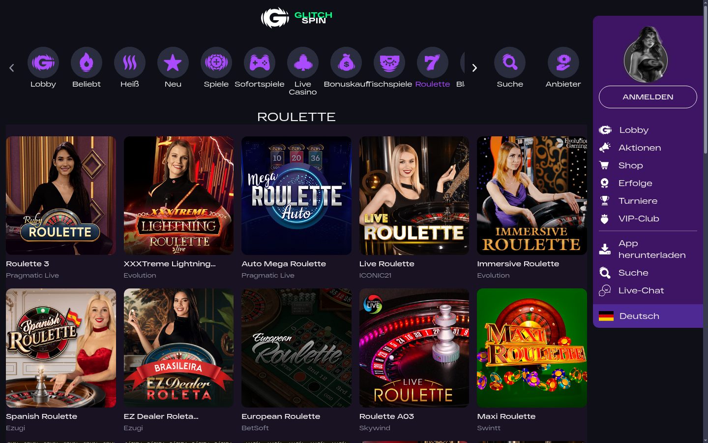 Roulette-Auswahl bei Glitch Spin — Screenshot