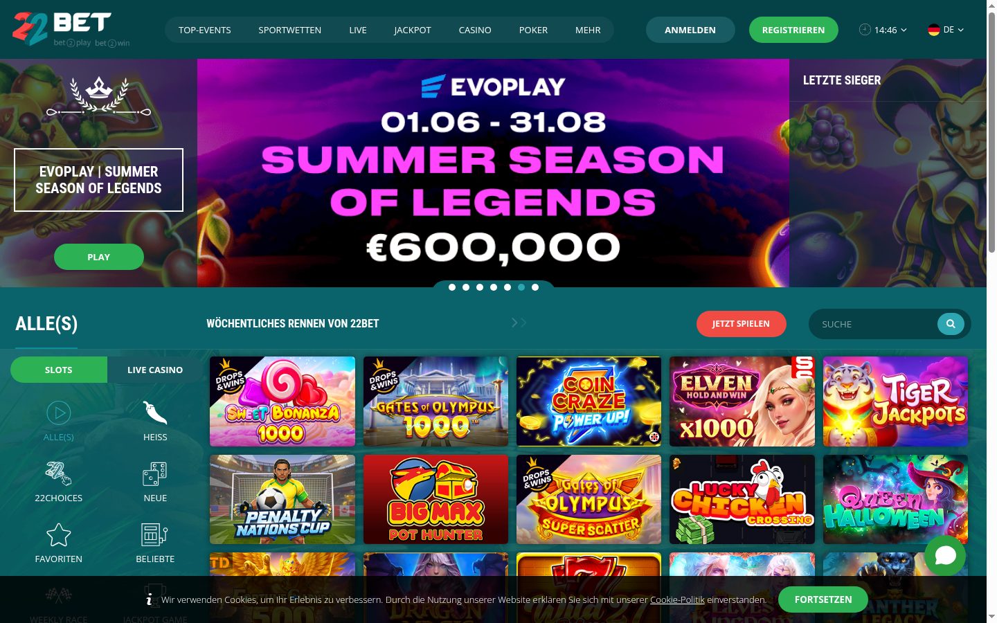 Slots-Lobby bei 22bet — Screenshot