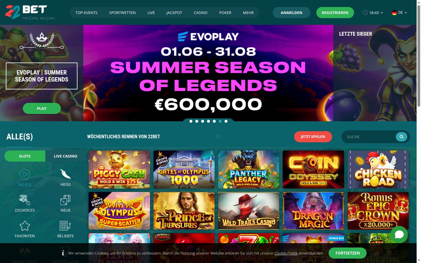 Slots-Lobby bei 22bet — Screenshot