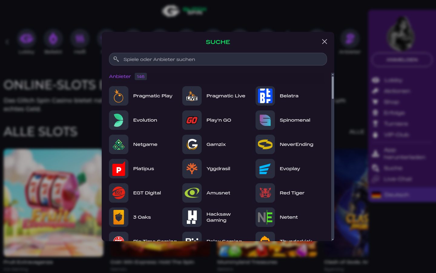 Provider-Übersicht bei Glitch Spin — Screenshot