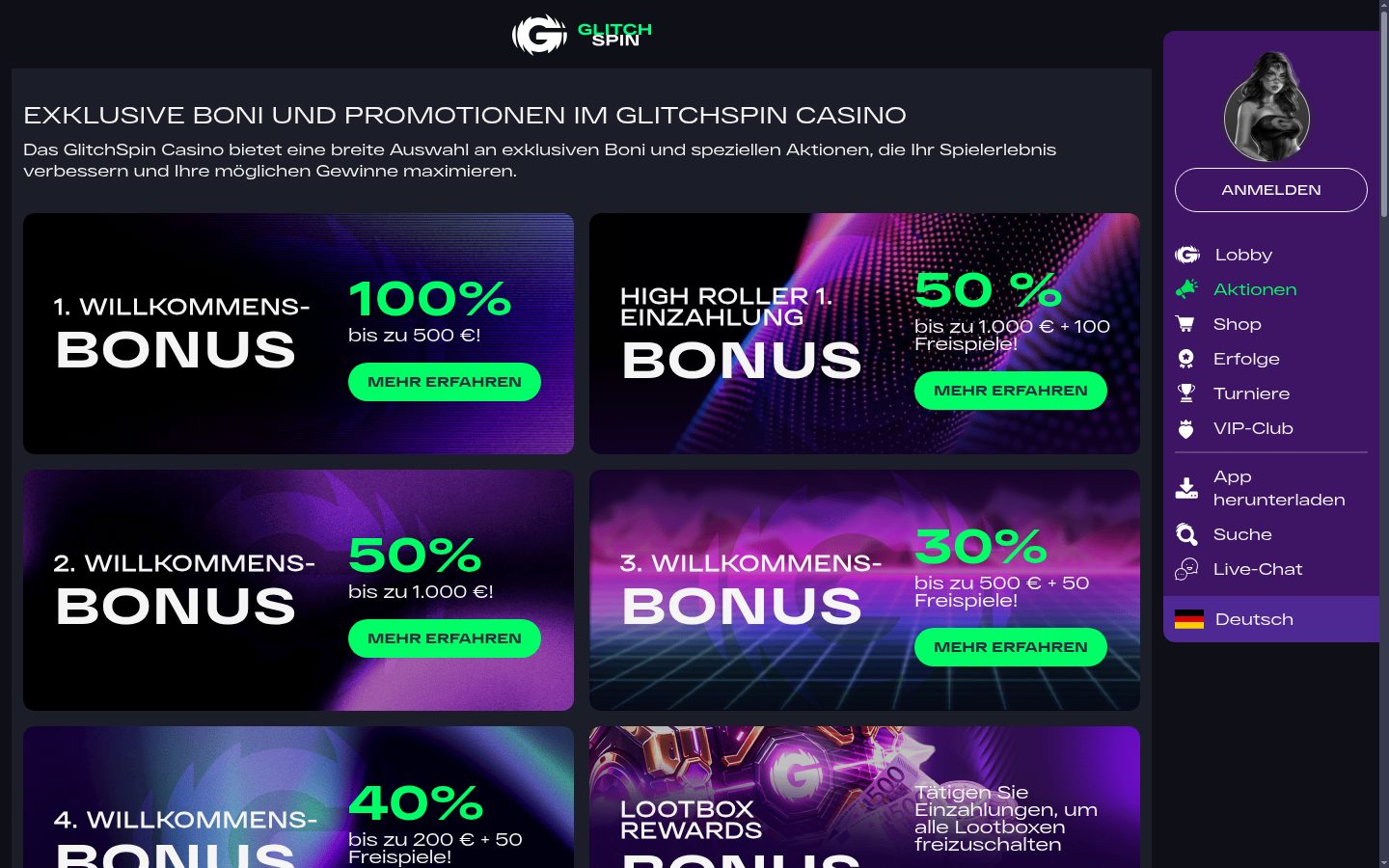 Willkommensbonus-Angebot bei Glitch Spin — Screenshot