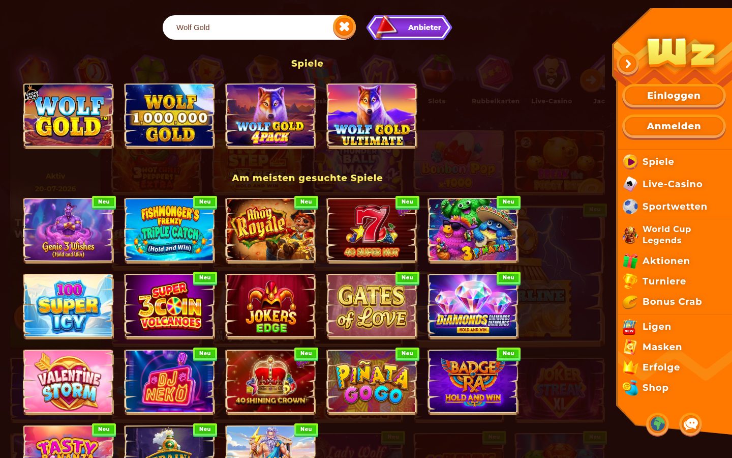 Wolf-Gold-Suche bei Wazamba — Screenshot